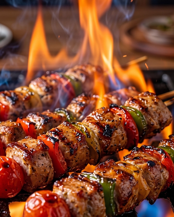 Platos principales a la parrilla servidos sobre tabla de madera