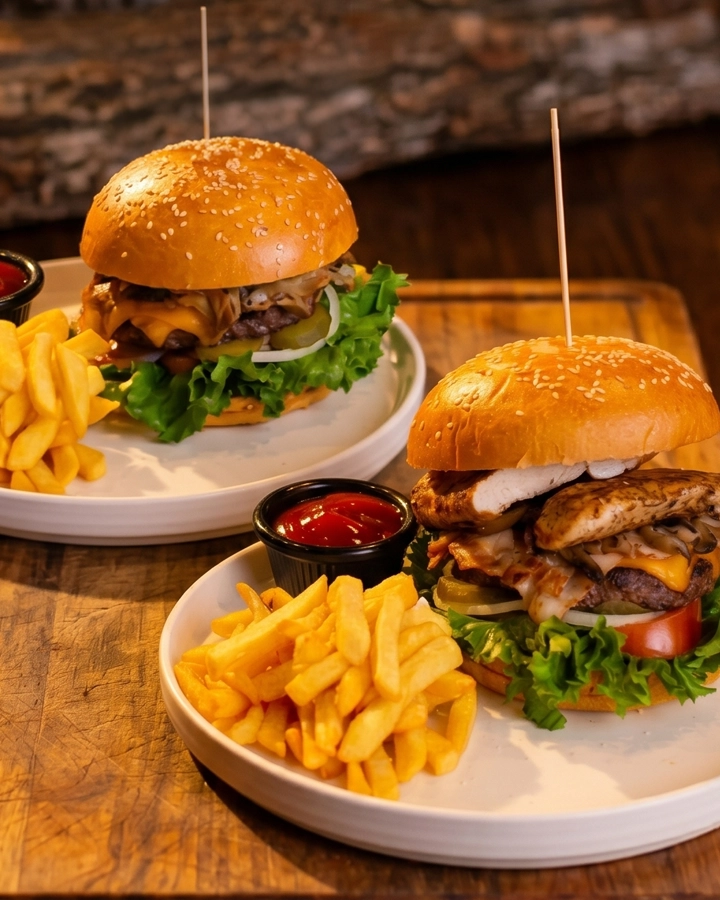 Hamburguesa artesanal con papas fritas