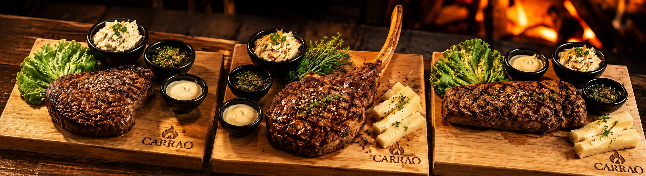 Cortes especiales a la parrilla servidos sobre tablas de madera